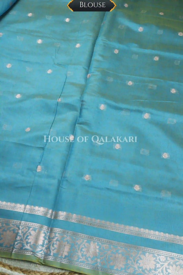 Banarasi Cotton Sarees with Zari Border and subtle pallu in blueish green dual tone
