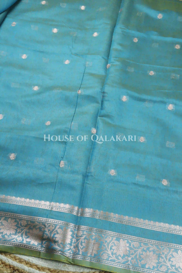 Banarasi Cotton Sarees with Zari Border and subtle pallu in blueish green dual tone