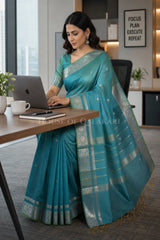 Banarasi Cotton Sarees with Zari Border and subtle pallu in blueish green dual tone