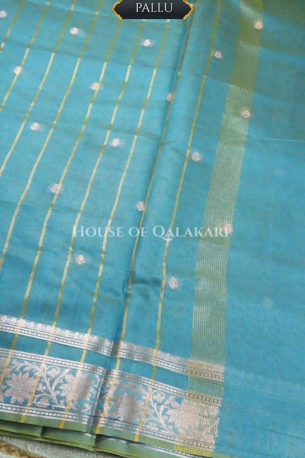 Banarasi Cotton Sarees with Zari Border and subtle pallu in blueish green dual tone