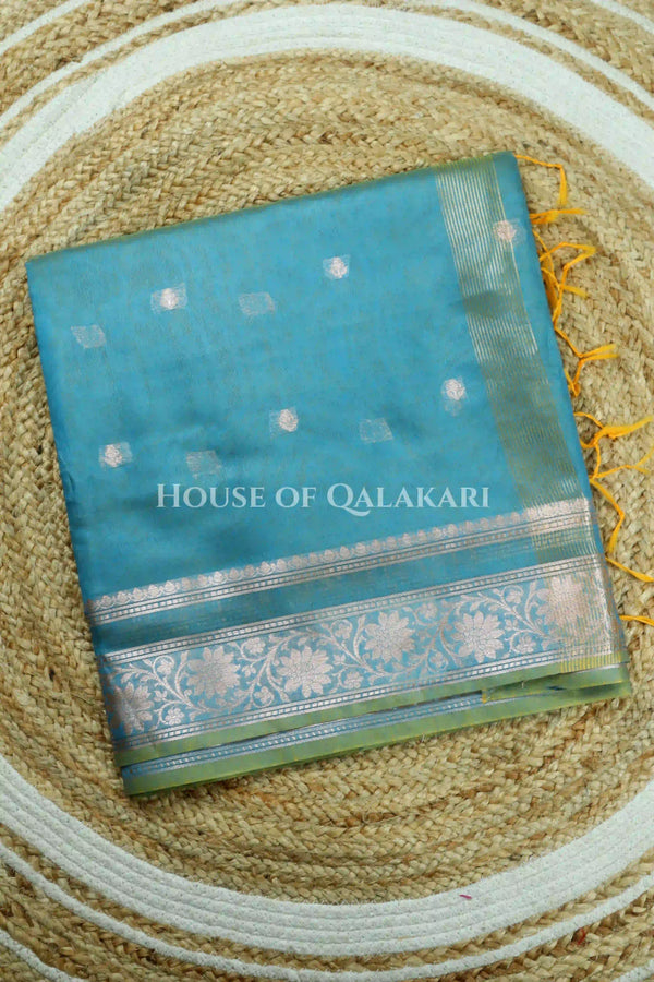 Banarasi Cotton Sarees with Zari Border and subtle pallu in blueish green dual tone
