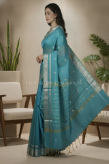 Banarasi Cotton Sarees with Zari Border and subtle pallu in blueish green dual tone