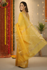 Banarasi Cotton Sarees with Zari Border and subtle pallu in Yellow