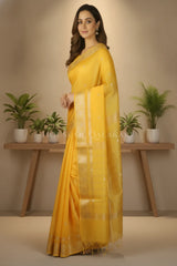 Banarasi Cotton Sarees with Zari Border and subtle pallu in Yellow