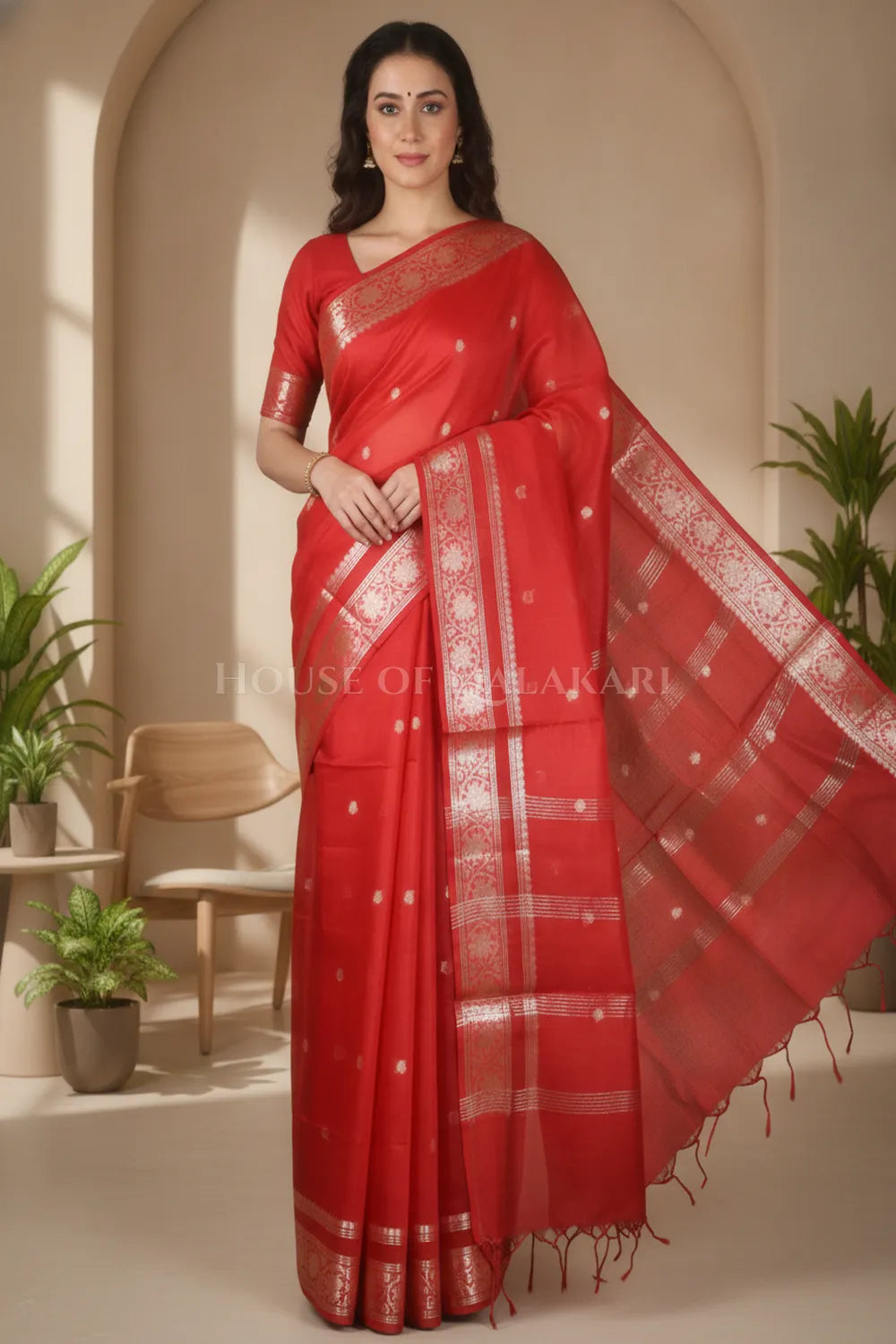 Banarasi Cotton Sarees with Zari Border and subtle pallu in Red