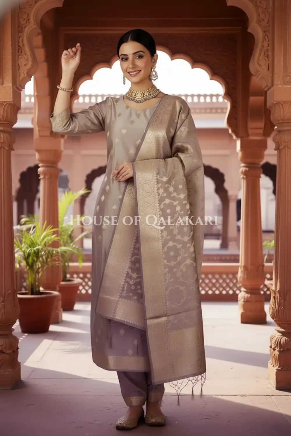 Banarasi Cotton Silk blend Unstitched Dress Material in Antique Grey colour with Intricate Zari Diamond Buti – front pose