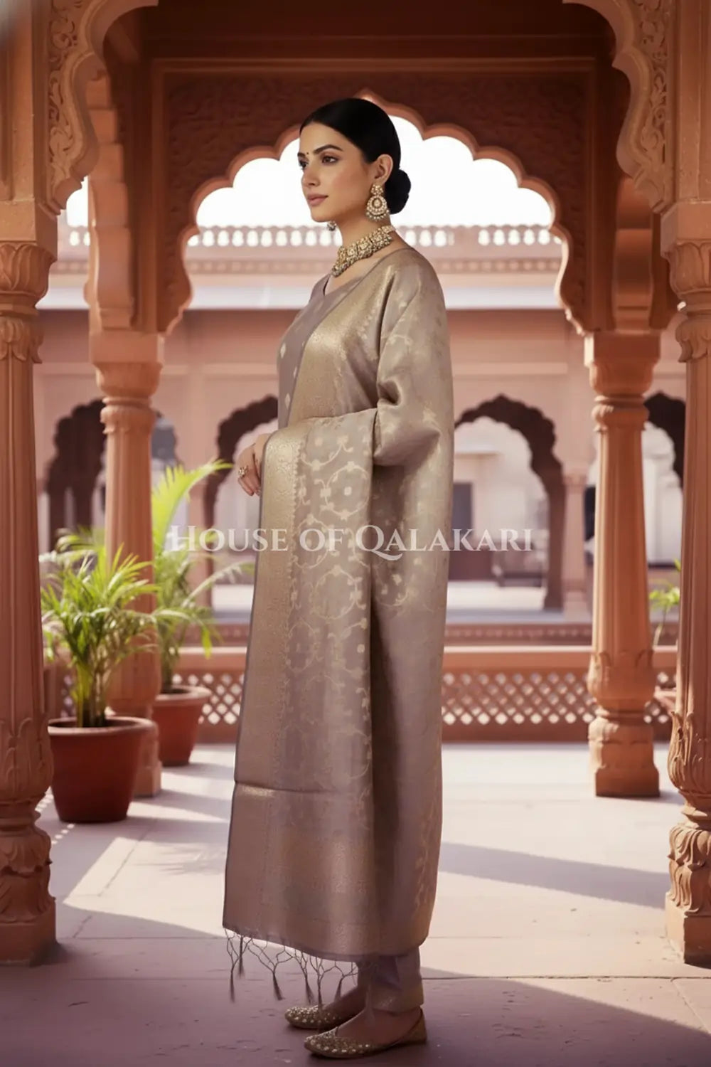 Banarasi Cotton Silk blend Unstitched Dress Material in Antique Grey colour with Intricate Zari Diamond Buti – side pose