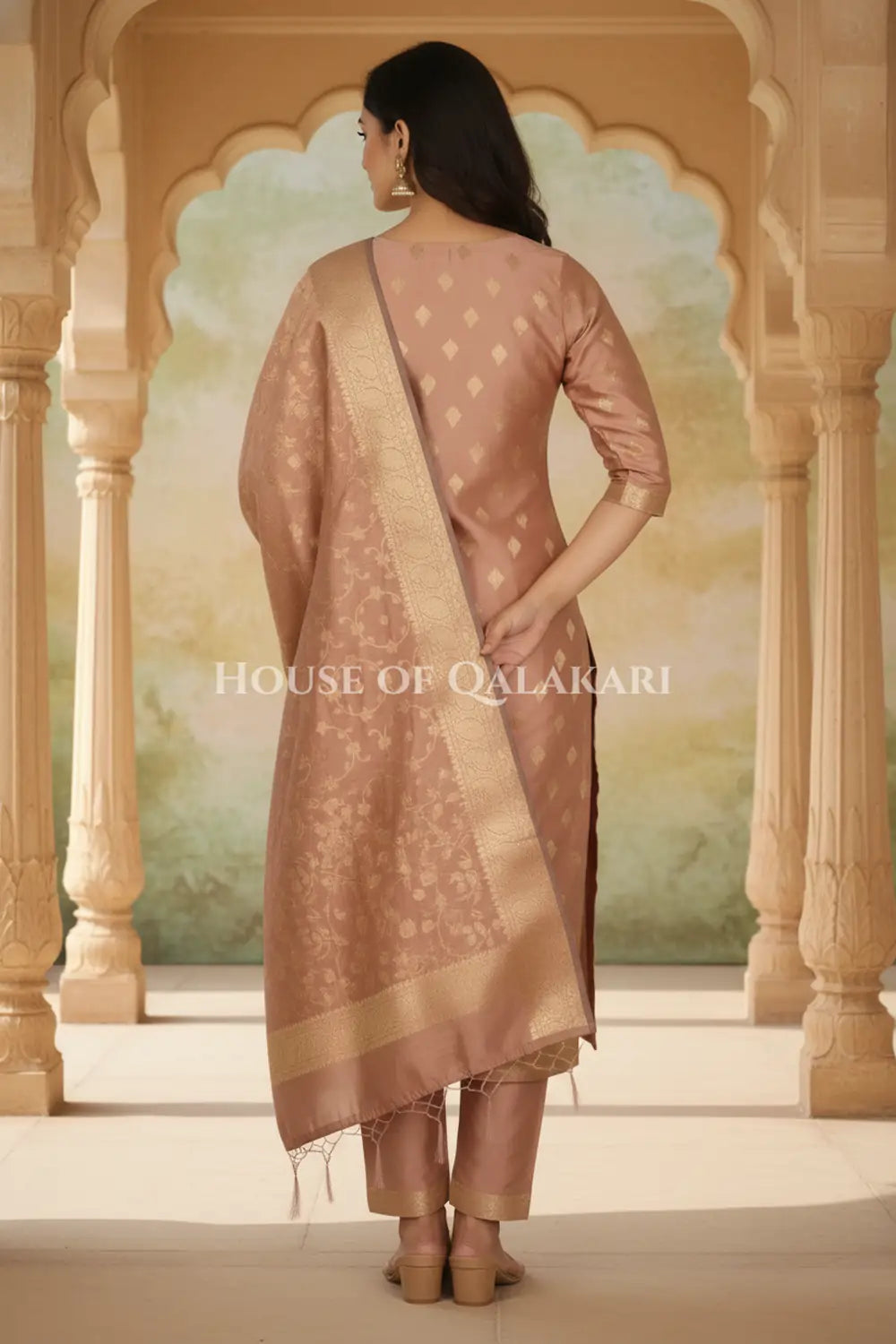 Banarasi Cotton Silk blend Unstitched Dress Material in Copper colour with Intricate Zari Diamond Buti – back pose