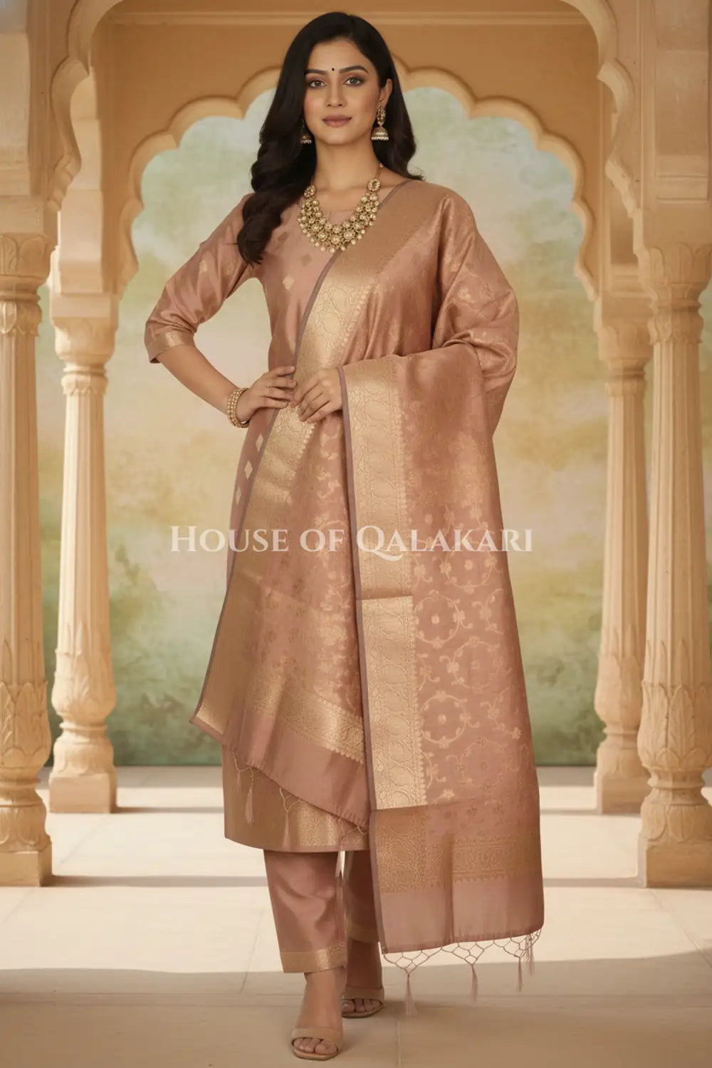 Banarasi Cotton Silk blend Unstitched Dress Material in Copper colour with Intricate Zari Diamond Buti – dramatic pose