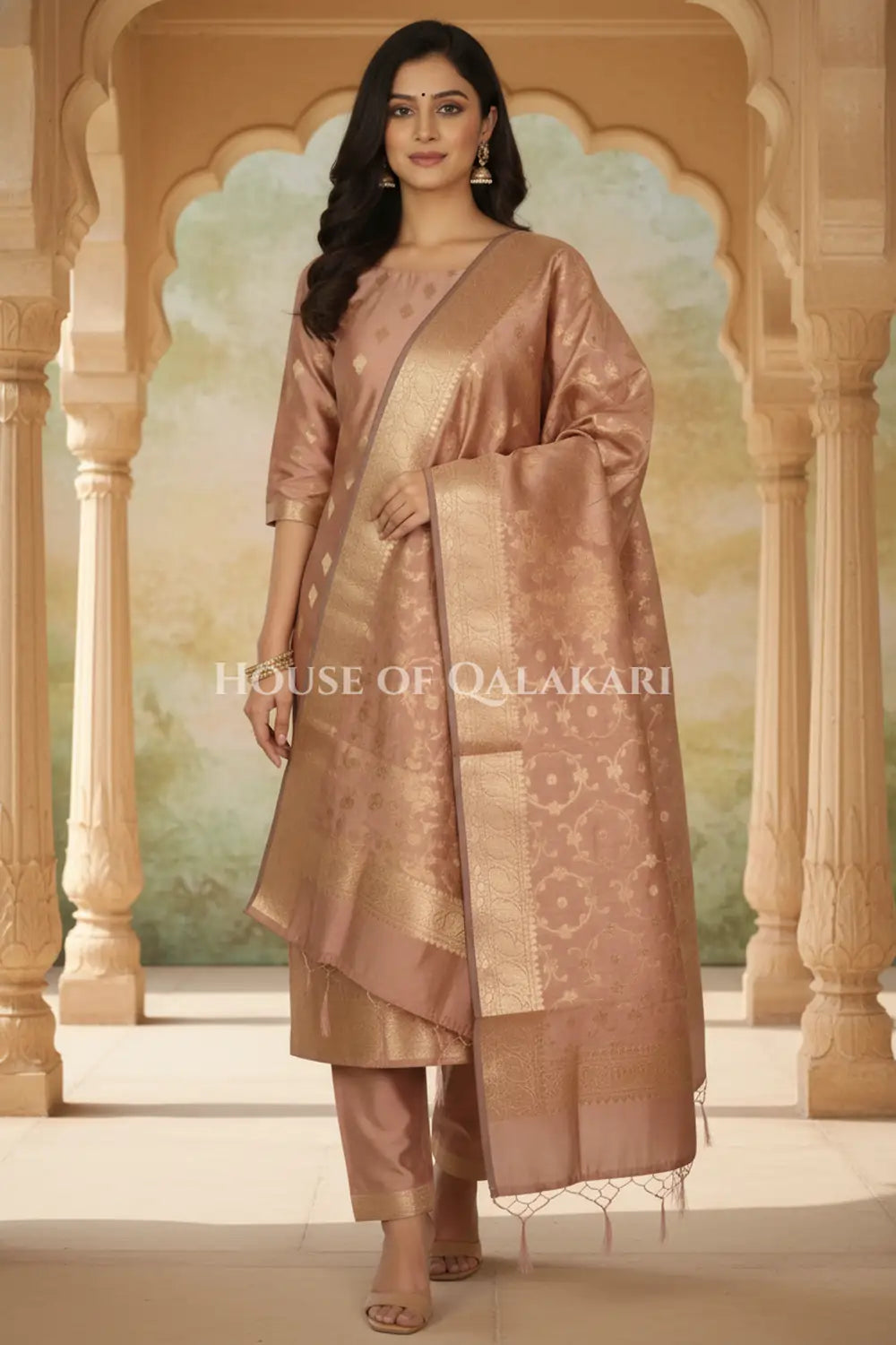 Banarasi Cotton Silk blend Unstitched Dress Material in Copper colour with Intricate Zari Diamond Buti – front pose