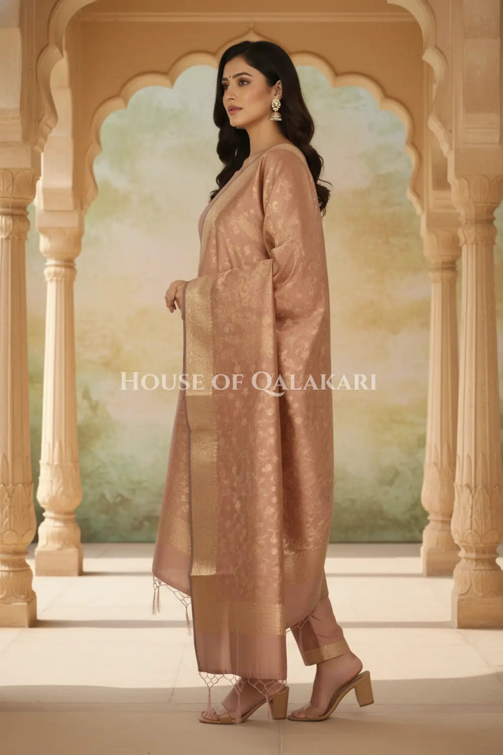 Banarasi Cotton Silk blend Unstitched Dress Material in Copper colour with Intricate Zari Diamond Buti – side pose