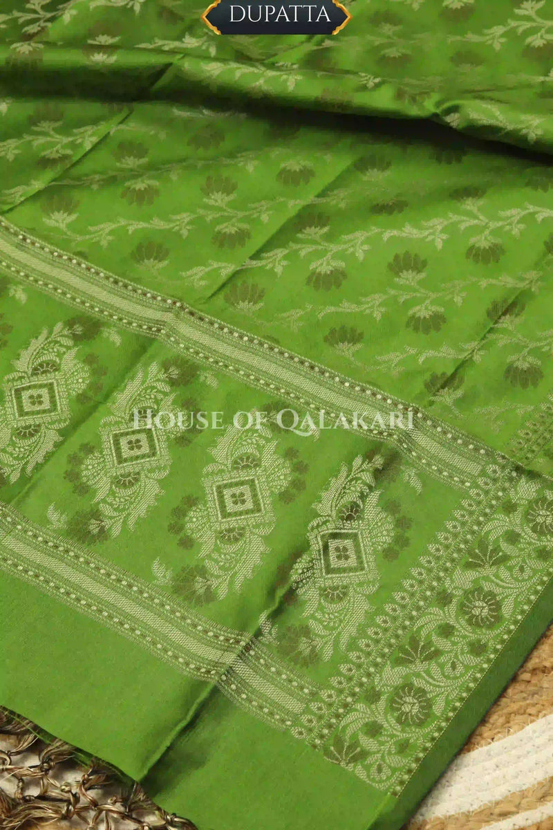 Banarasi Unstitched Dress Material in Light Olive Green and with plain body and resham border and diagonally striped resham dupatta – dupatta