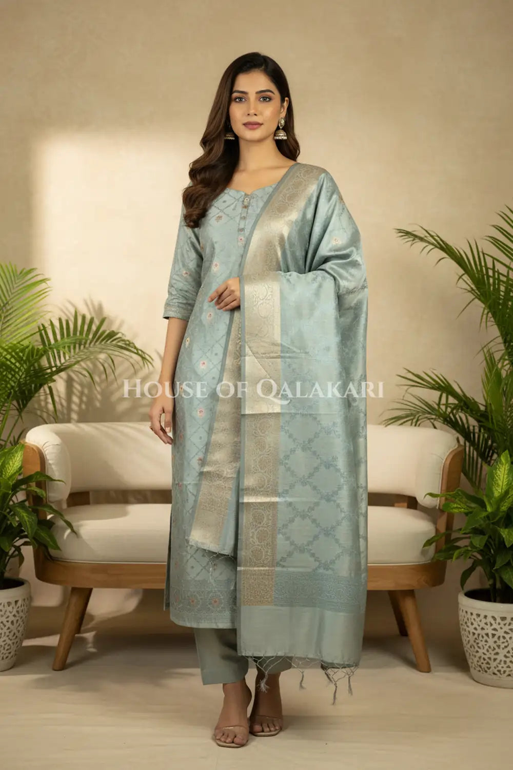 Banarasi Unstitched Dress Material in Grey diamond Chokdi resham work kurta and zari border – front pose