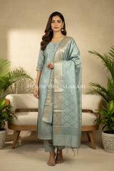 Banarasi Unstitched Dress Material in Grey diamond Chokdi resham work kurta and zari border – front pose