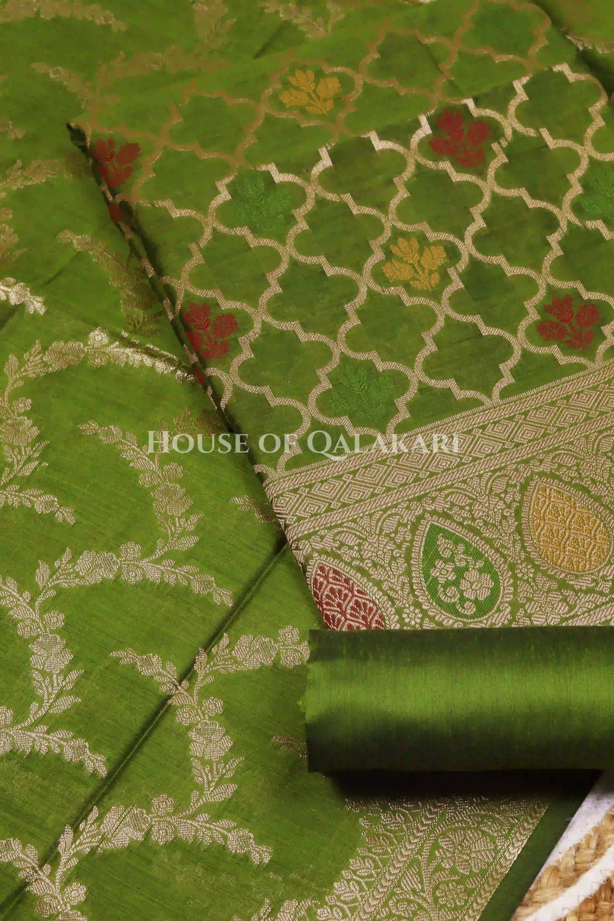 Banarasi Chanderi Cotton Unstitched Dress Material in Mehndi and with matching floral vine jaal dupatta – product
