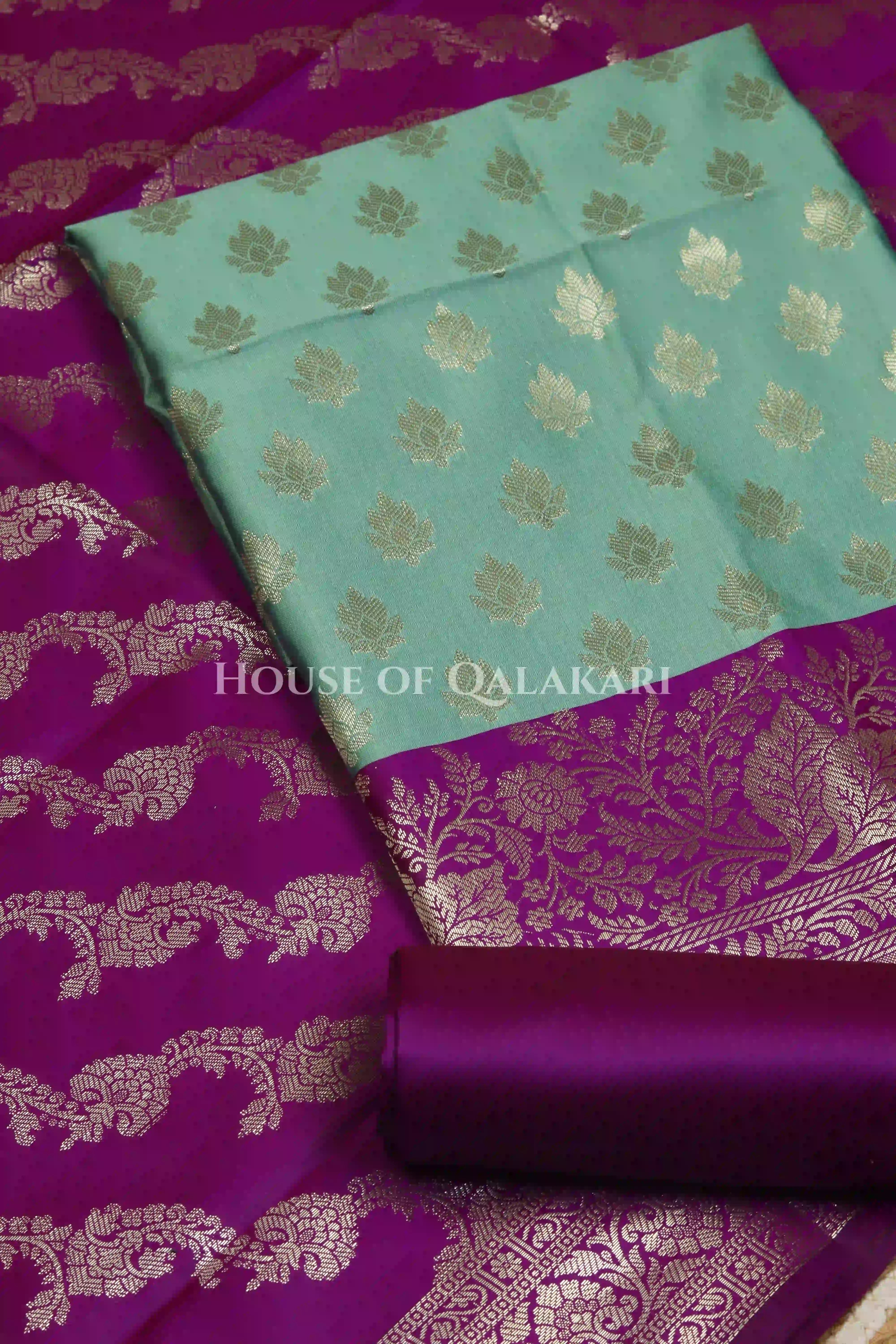 Banarasi Silk Unstitched Dress Material in Light Teal Green and Rich Purple contrast with Intricate Zari Buti – product