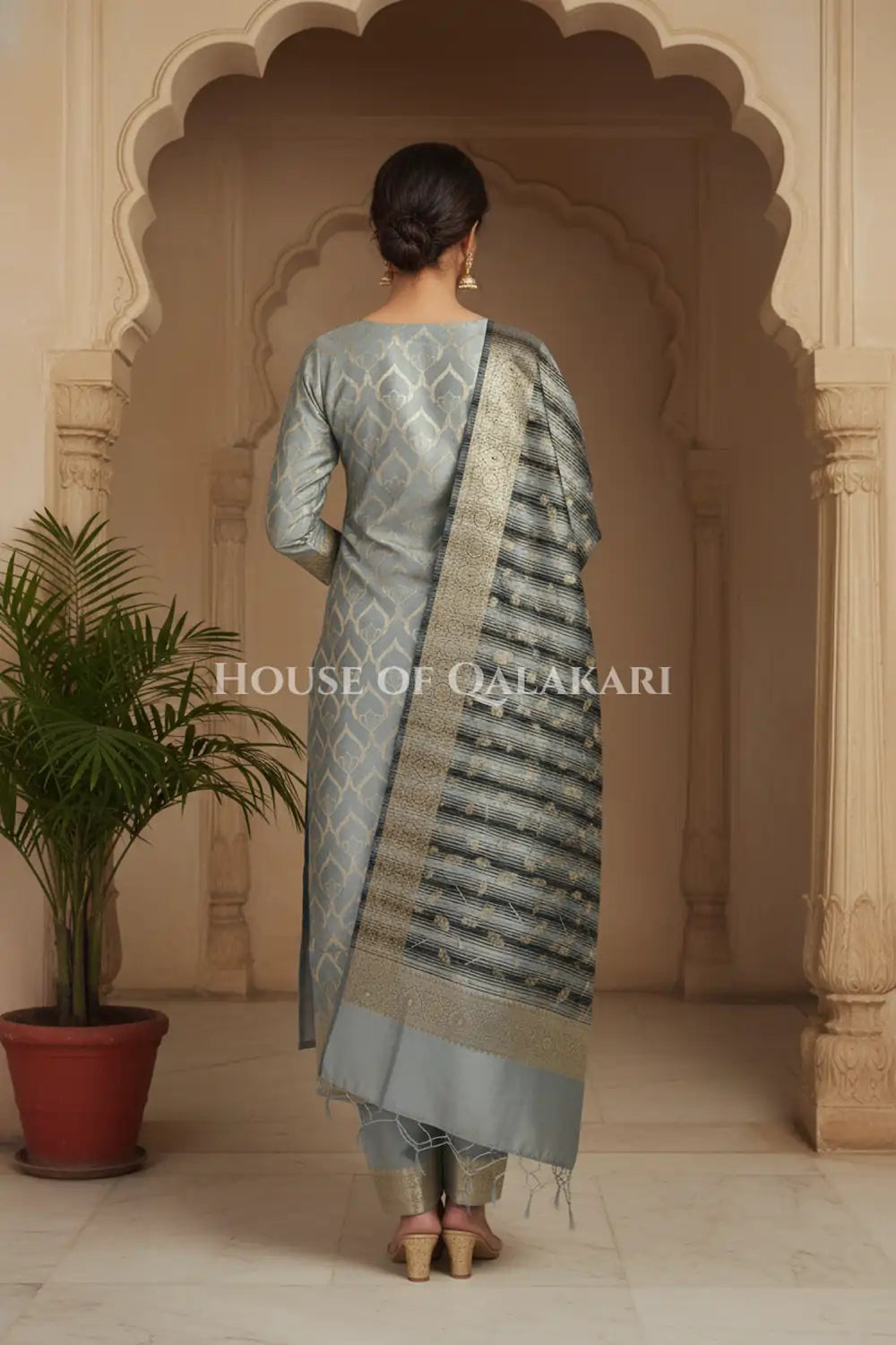 Banarasi Cotton Silk blend Unstitched Dress Material in Grey and with contrast Black-Grey striped dupatta – back pose