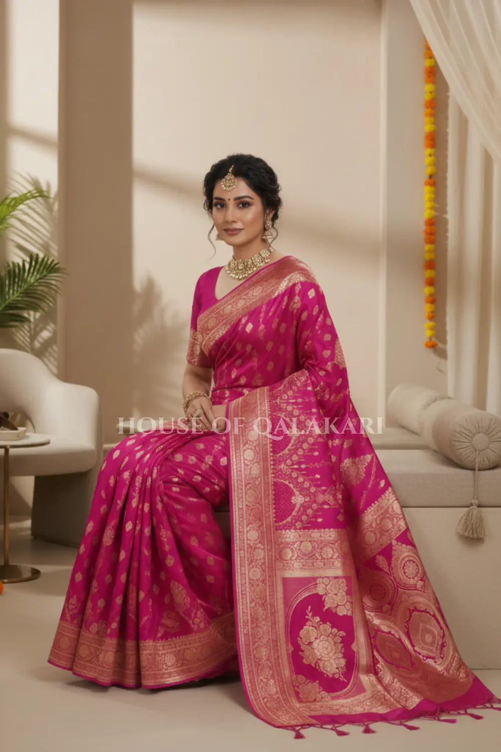 Double Katan Silk Saree sitting pose
