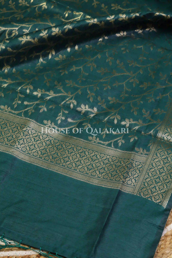 Banarasi Cotton Silk blend Unstitched Dress Material in Deep Teal Green and with matching floral vine jaal dupatta – dupatta