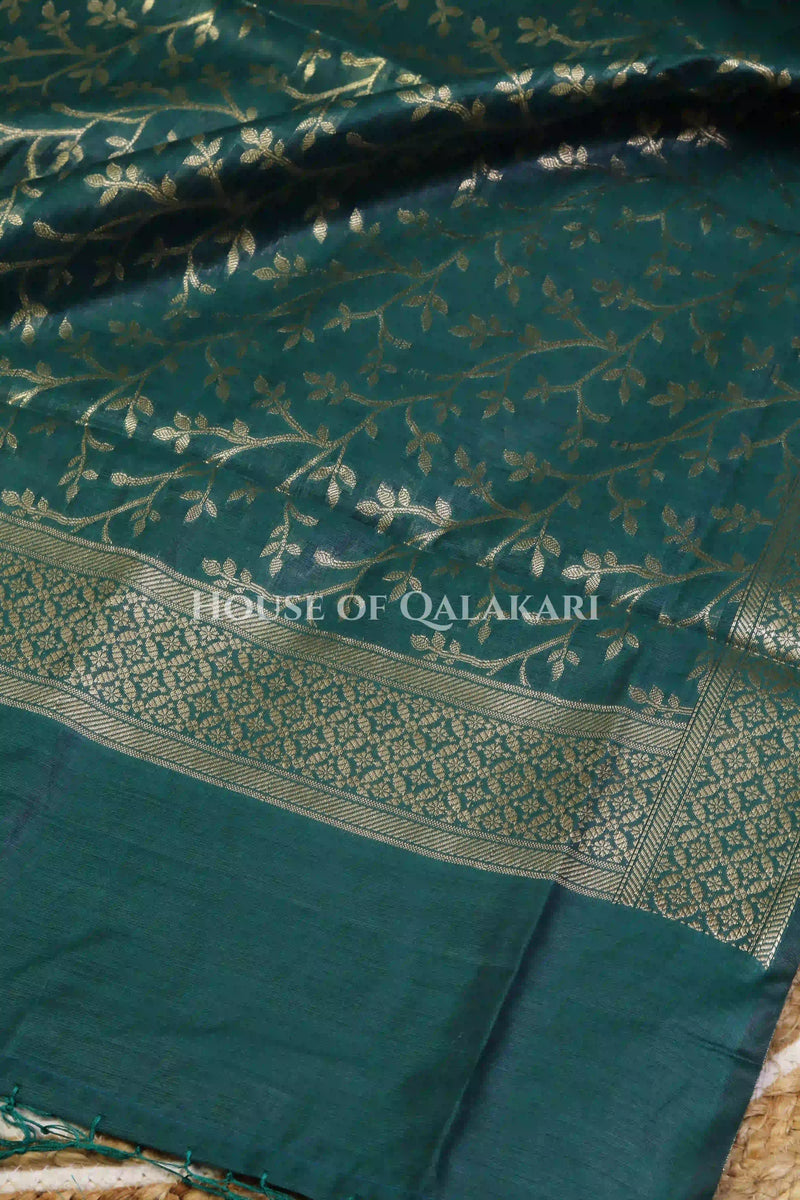 Banarasi Cotton Silk blend Unstitched Dress Material in Deep Teal Green and with matching floral vine jaal dupatta – dupatta