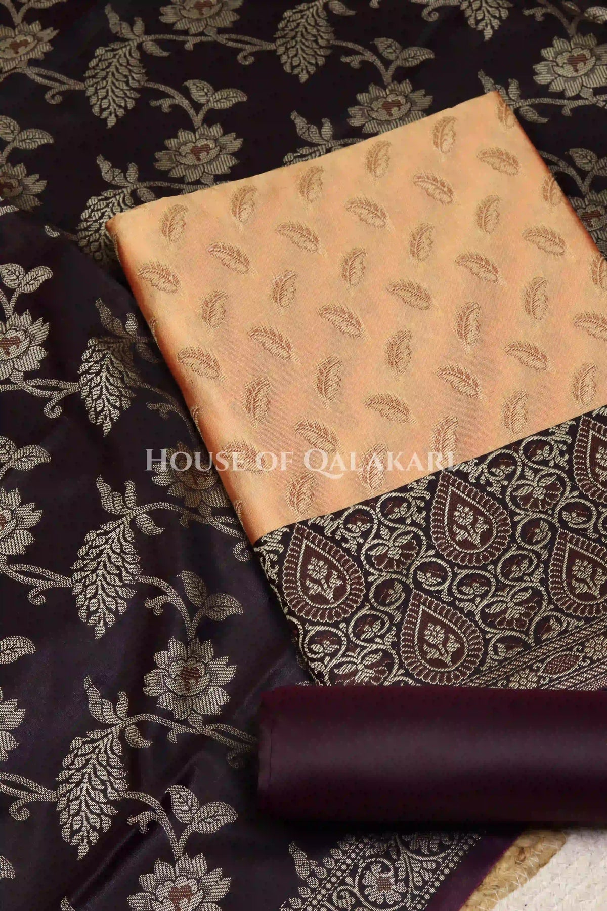 Banarasi Unstitched Dress Material in apricot beige and with all over leaf buti and resham border along with floral resham jaal dupatta – product