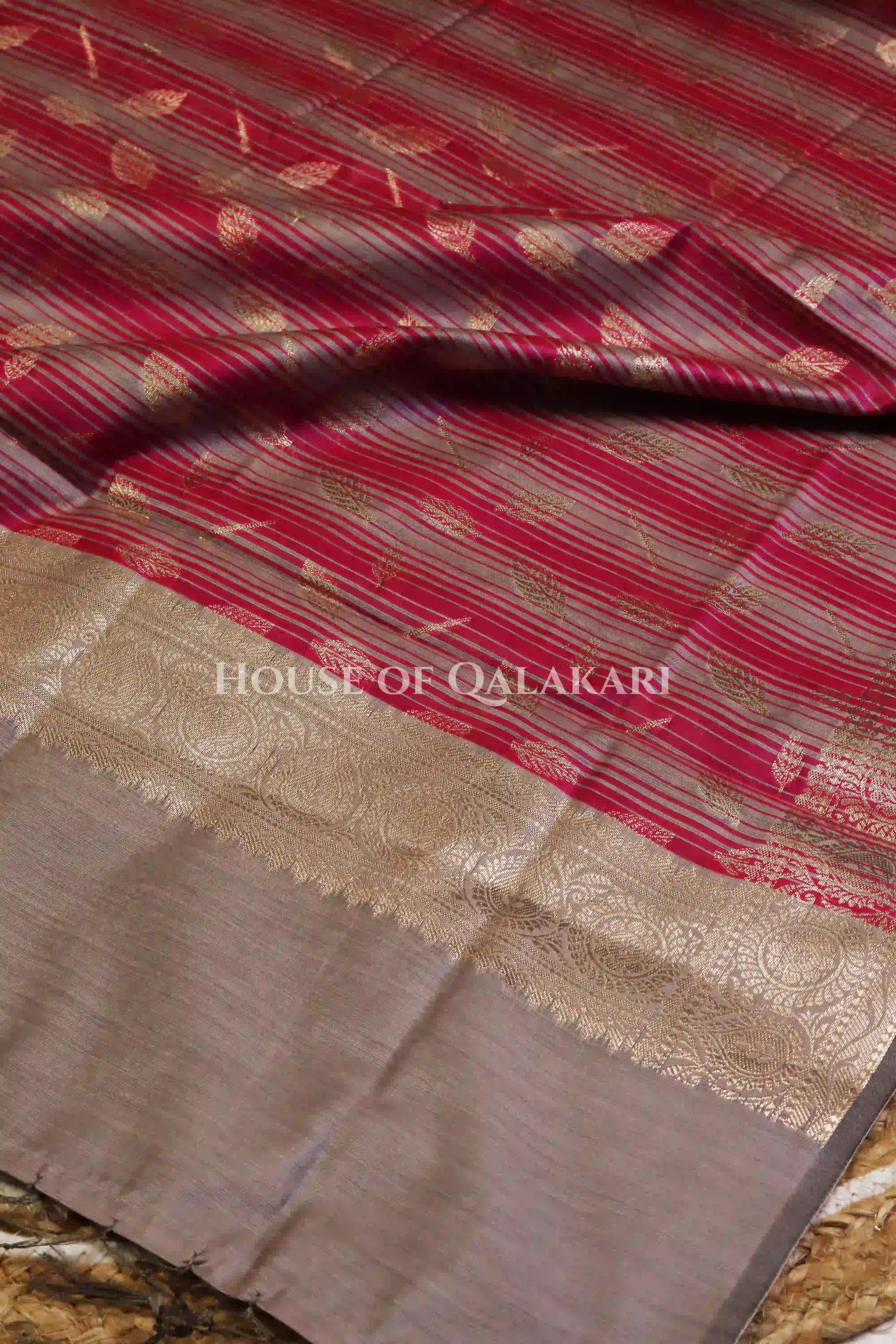 Banarasi Cotton Silk blend Unstitched Dress Material in Rosy Brown and with contrast Burgundy-Rosy Brown striped dupatta – dupatta