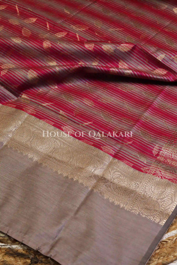 Banarasi Cotton Silk blend Unstitched Dress Material in Rosy Brown and with contrast Burgundy-Rosy Brown striped dupatta – dupatta