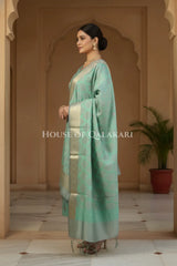 Banarasi Chanderi Cotton Unstitched Dress Material in Sea Green and with matching floral vine jaal dupatta – side pose