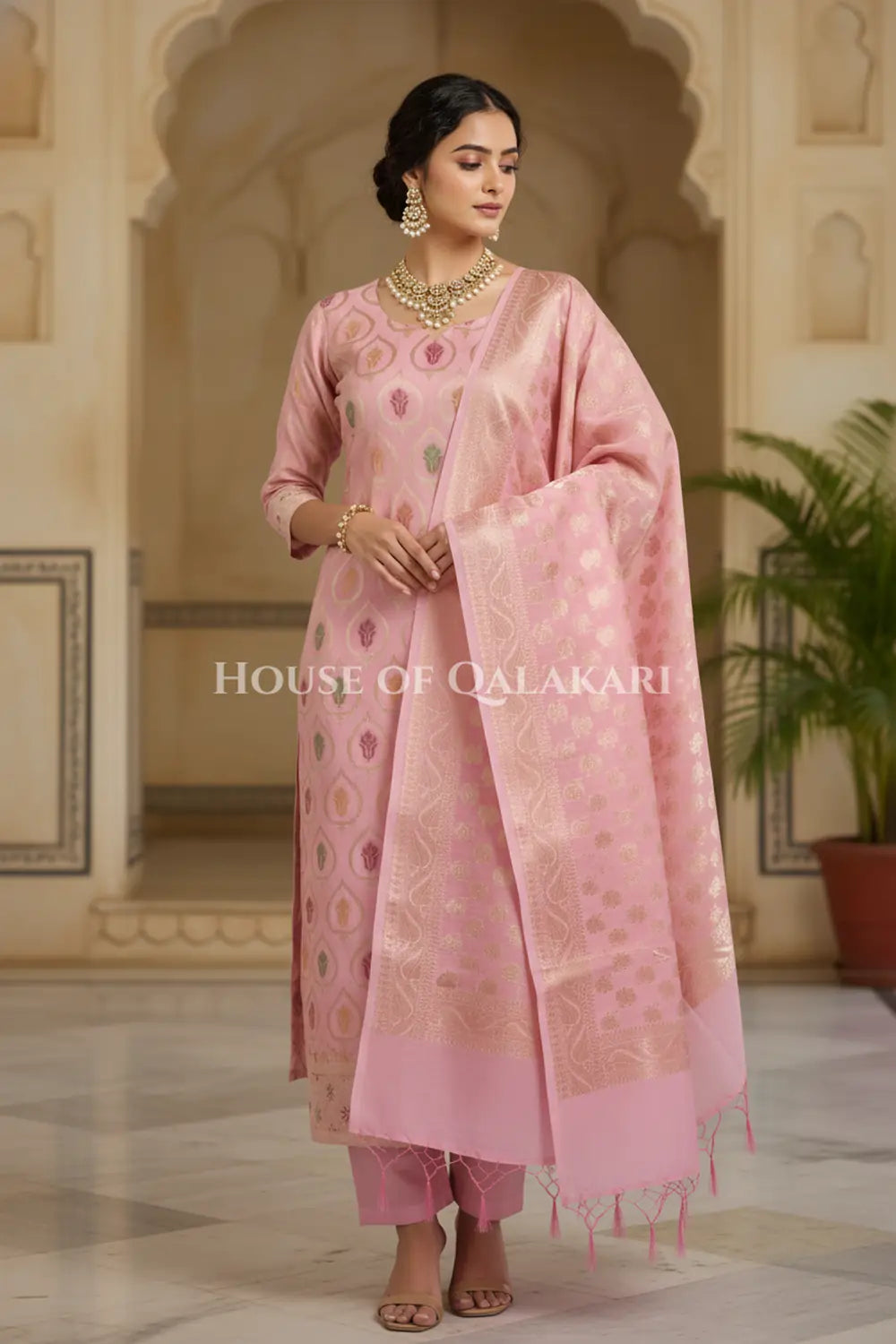 Banarasi Chanderi Cotton Unstitched Dress Material in Light Pink and with matching floral vine jaal dupatta – wedding pose
