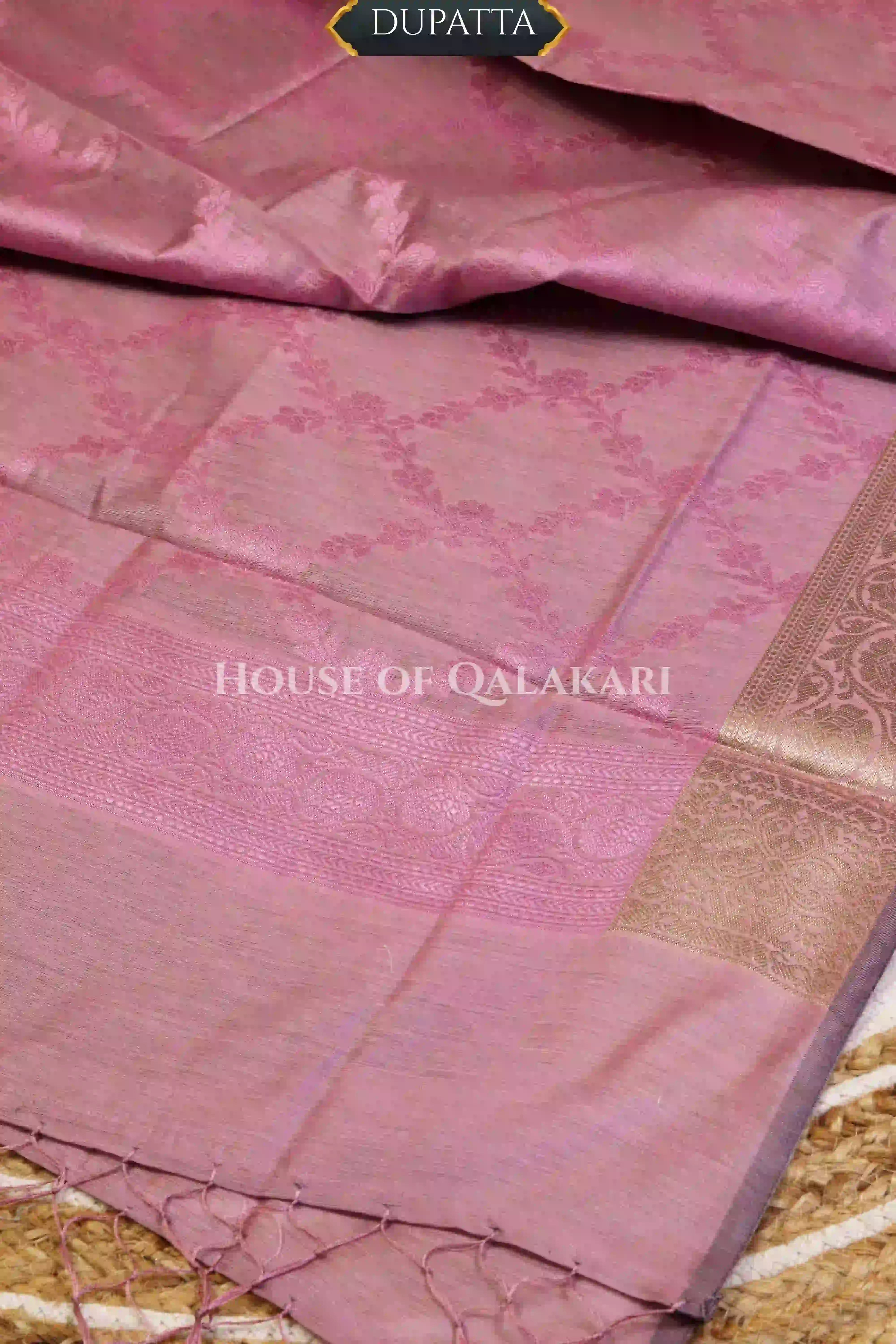 Banarasi Chanderi Cotton Unstitched Dress Material in Light Mauve and with matching floral vine jaal dupatta – dupatta