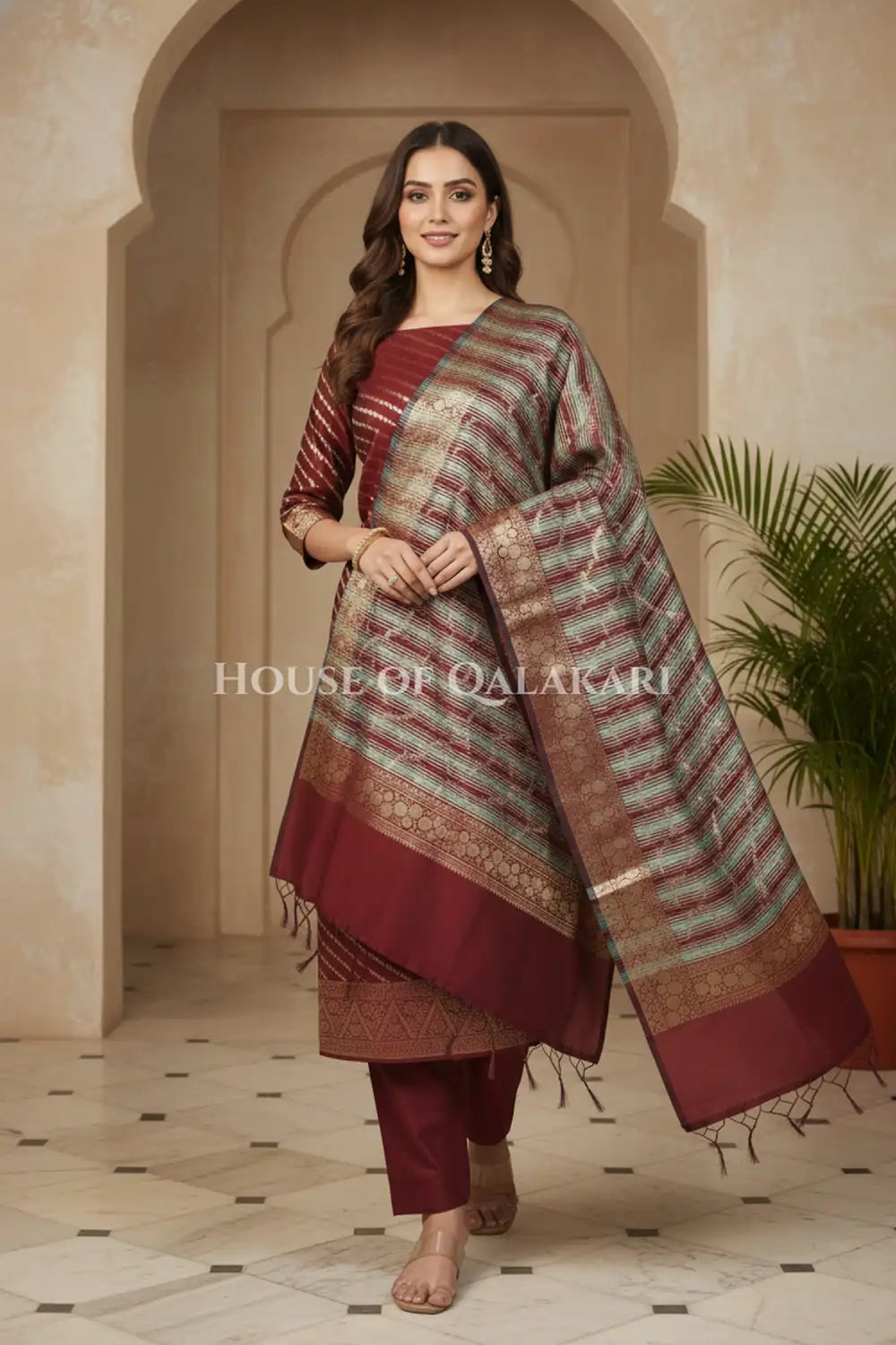 Banarasi Cotton Silk blend Unstitched Dress Material in Maroon Oak and with Bandhani-Leheriya inspired work – festive pose