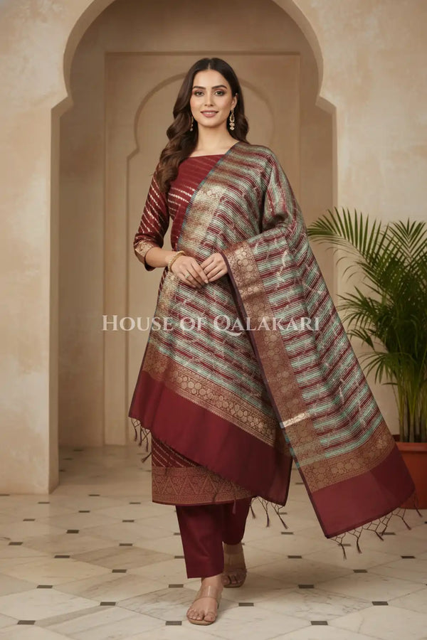 Banarasi Cotton Silk blend Unstitched Dress Material in Maroon Oak and with Bandhani-Leheriya inspired work – festive pose