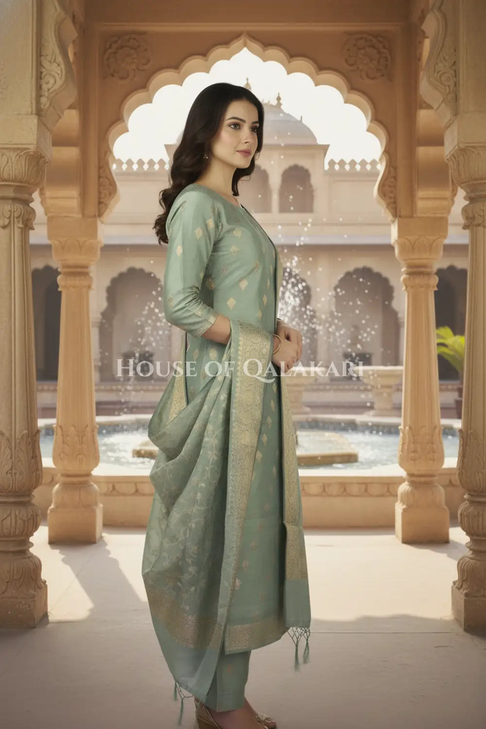 Banarasi Cotton Silk blend Unstitched Dress Material in Antique Aqua green colour with Intricate Zari Diamond Buti – side pose
