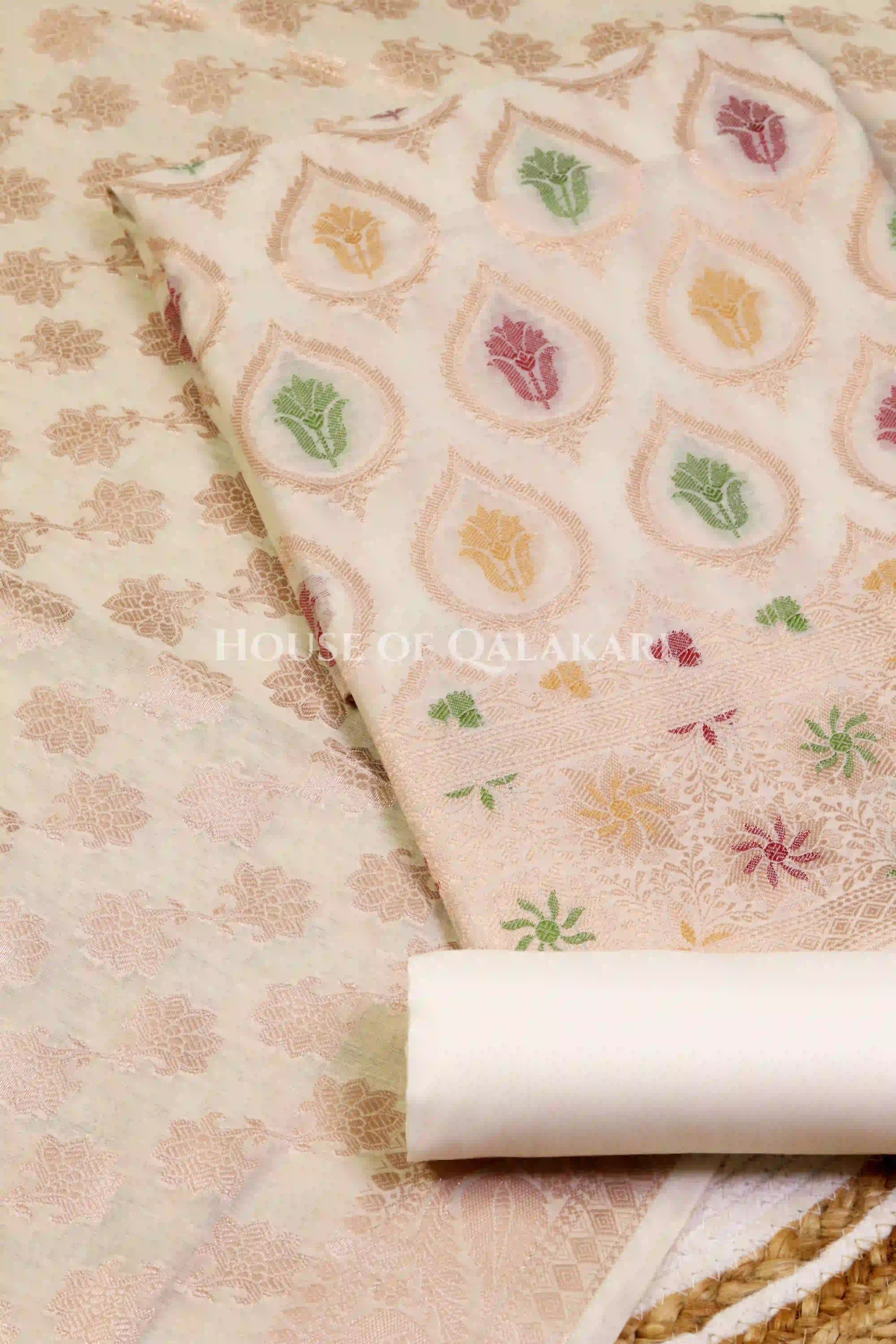 Banarasi Chanderi Cotton Unstitched Dress Material in Cream and with matching floral vine jaal dupatta – product