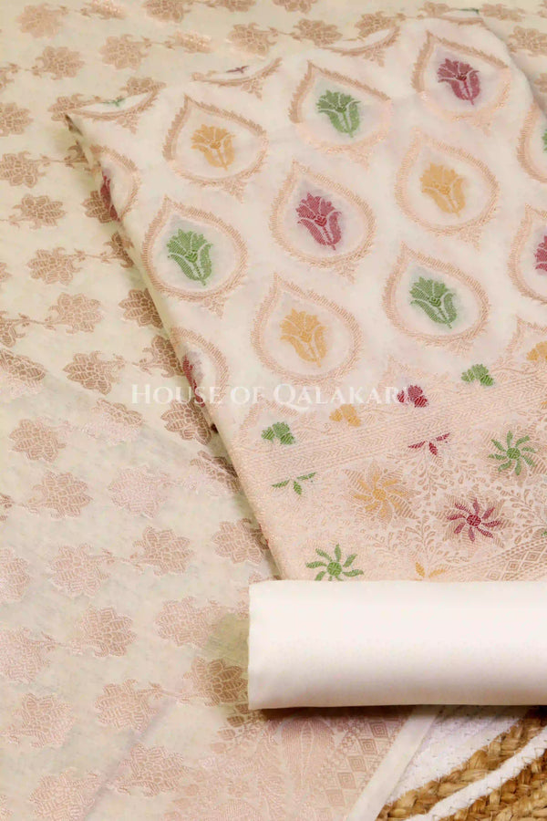 Banarasi Chanderi Cotton Unstitched Dress Material in Cream and with matching floral vine jaal dupatta – product