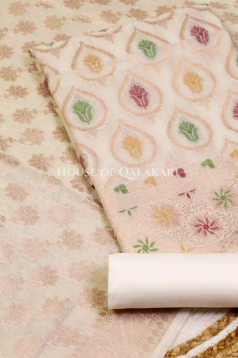 Banarasi Chanderi Cotton Unstitched Dress Material in Cream and with matching floral vine jaal dupatta – product