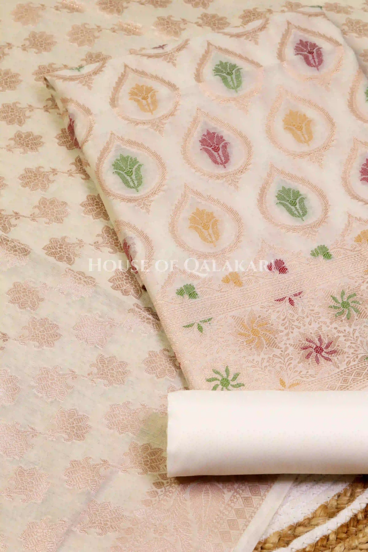 Banarasi Chanderi Cotton Unstitched Dress Material in Cream and with matching floral vine jaal dupatta – product