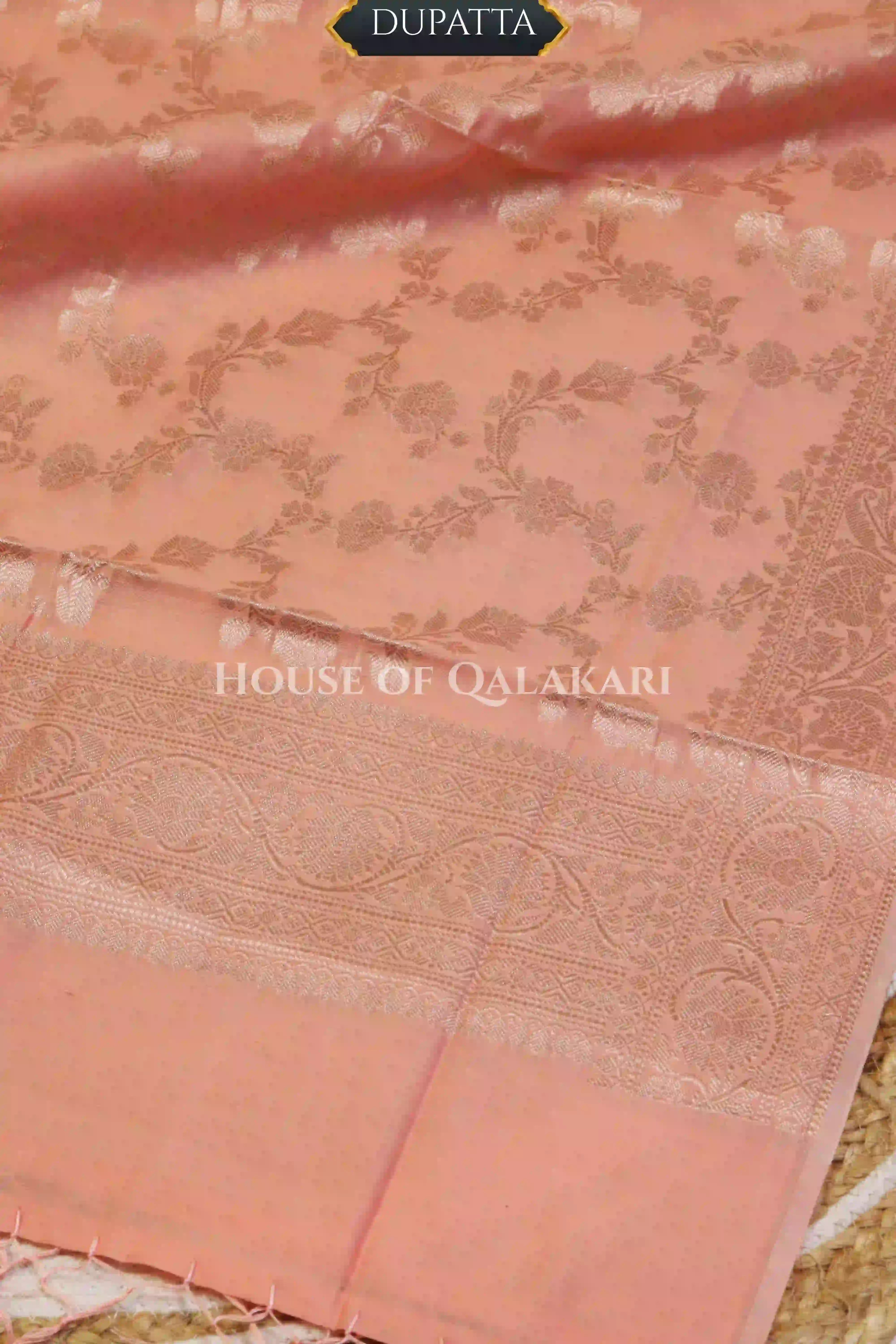 Banarasi Chanderi Cotton Unstitched Dress Material in Peach and with matching zari floral jaal dupatta – dupatta