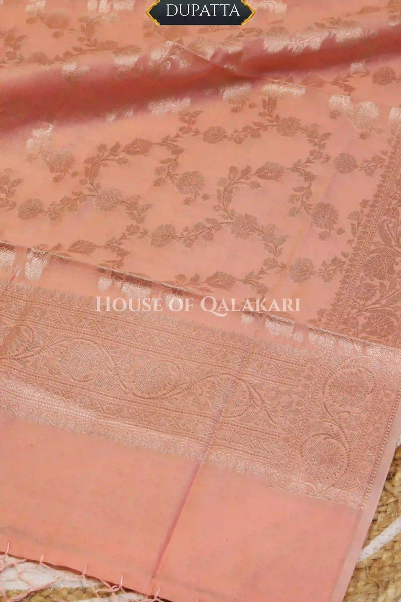 Banarasi Chanderi Cotton Unstitched Dress Material in Peach and with matching zari floral jaal dupatta – dupatta