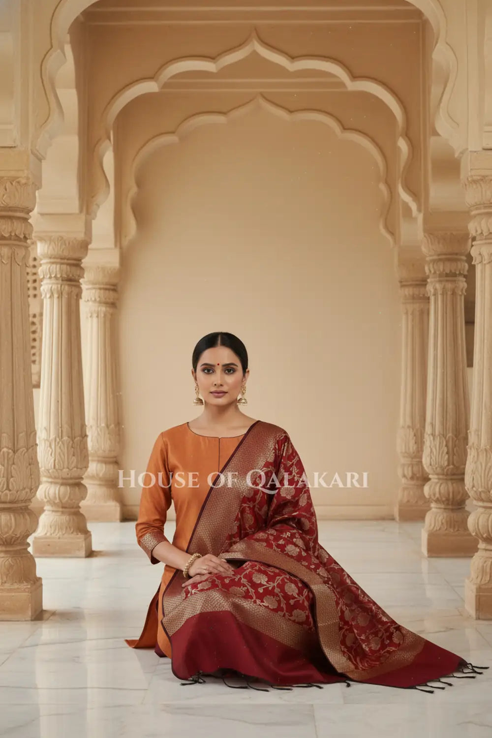 Banarasi silk Unstitched Dress Material in Clay Brown and Maroon Oak contrast with Intricate Zari Buti – sitting pose