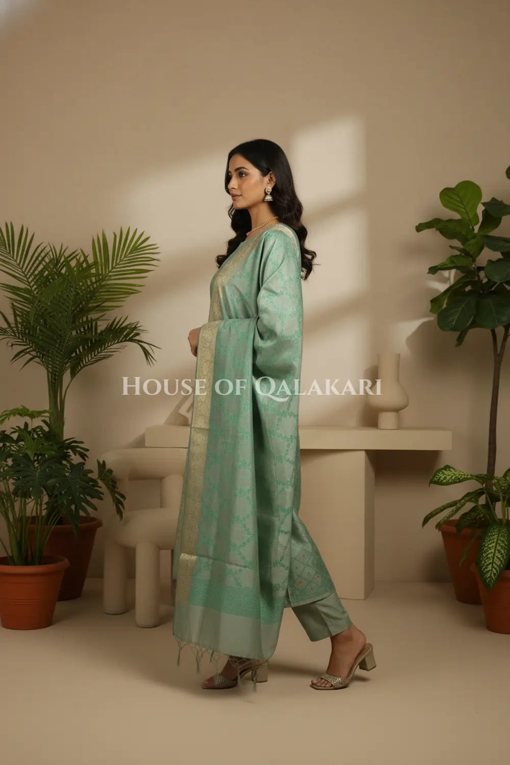 Banarasi Unstitched Dress Material in Grey Olive -Sea Green diamond Chokdi resham work kurta and zari border – side pose