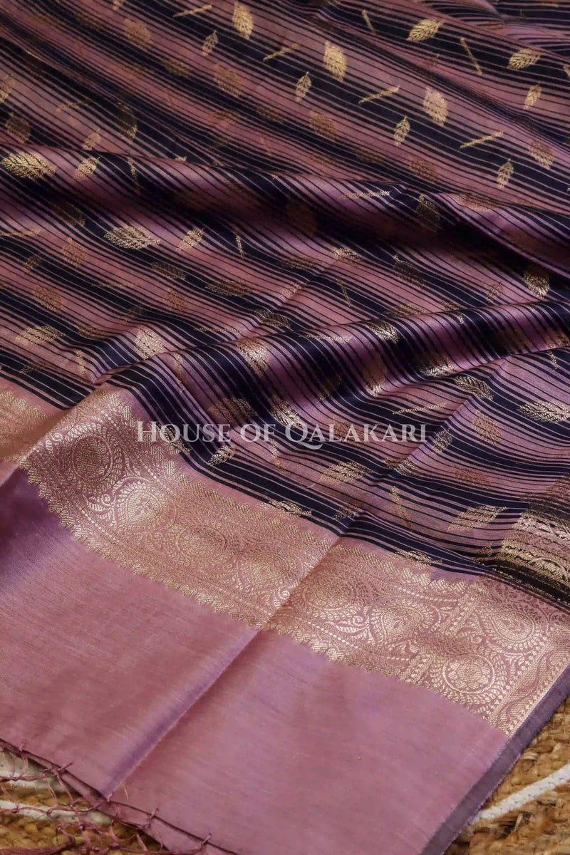Banarasi Cotton Silk blend Unstitched Dress Material in Dusky Rose and with contrast Navy Blue-Dusky Rose striped dupatta – dupatta