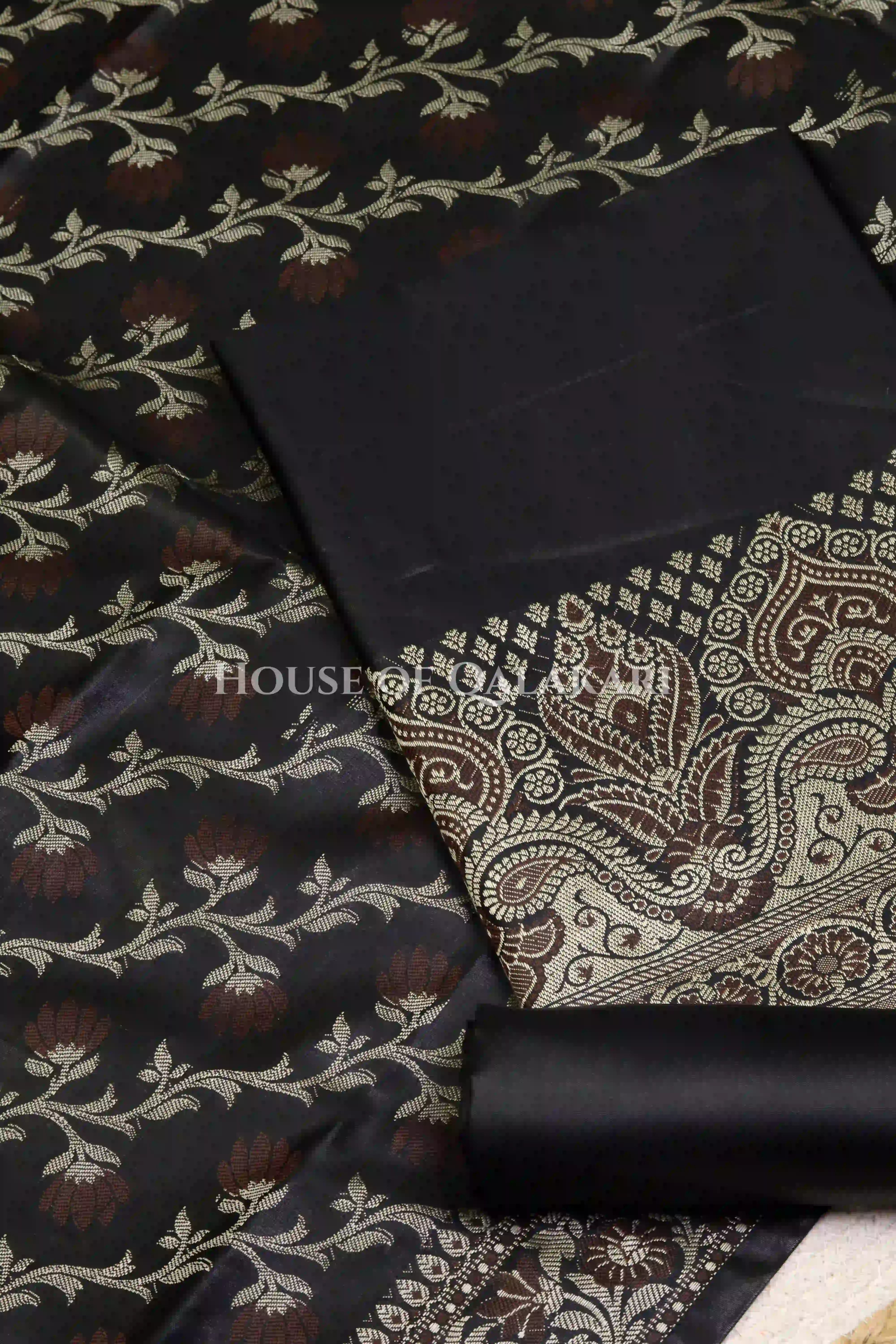 Banarasi Unstitched Dress Material in Black and with plain body and resham border and diagonally striped resham dupatta – product