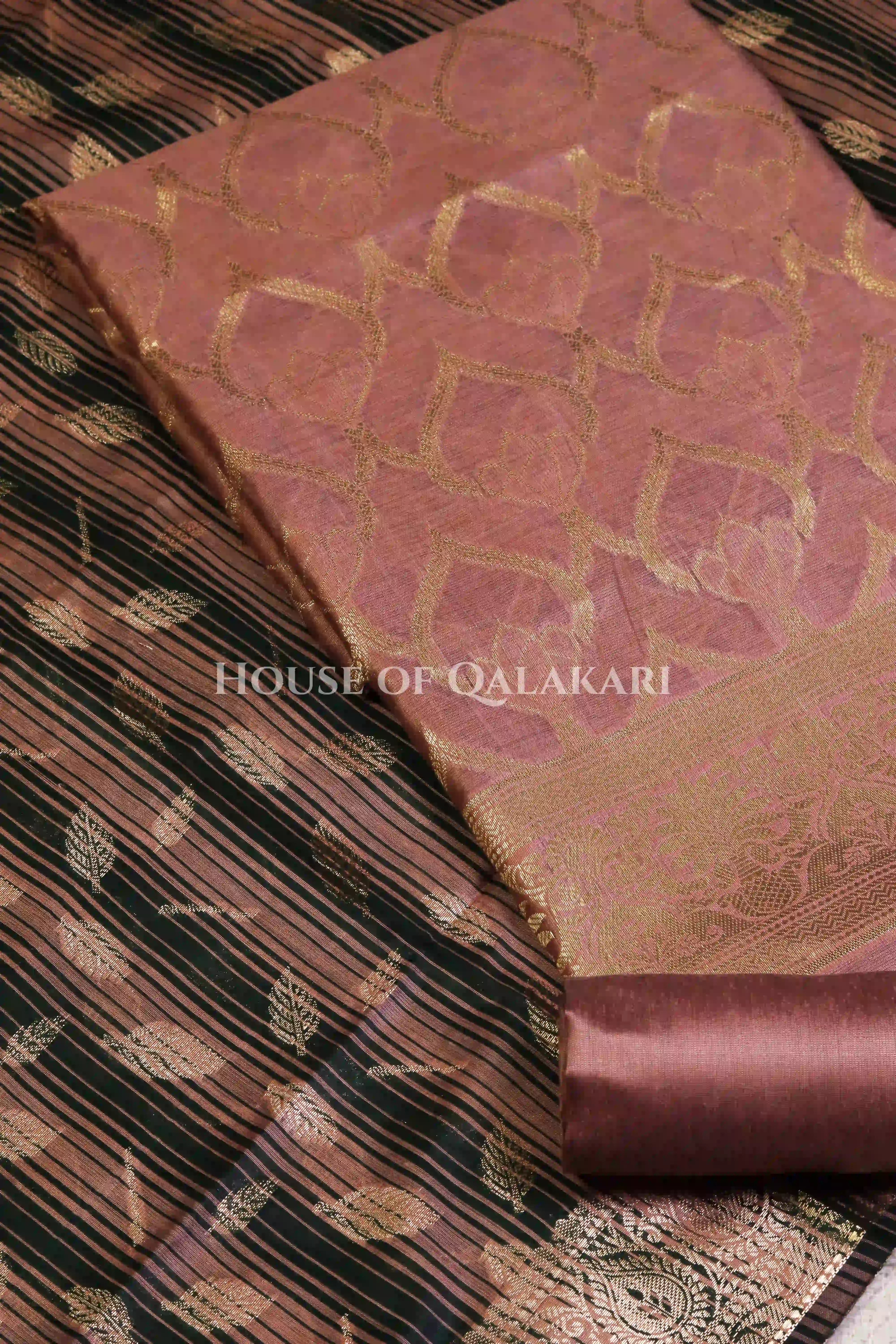 Banarasi Cotton Silk blend Unstitched Dress Material in Copper Rose and with contrast Dark Green-Copper Rose striped dupatta – product