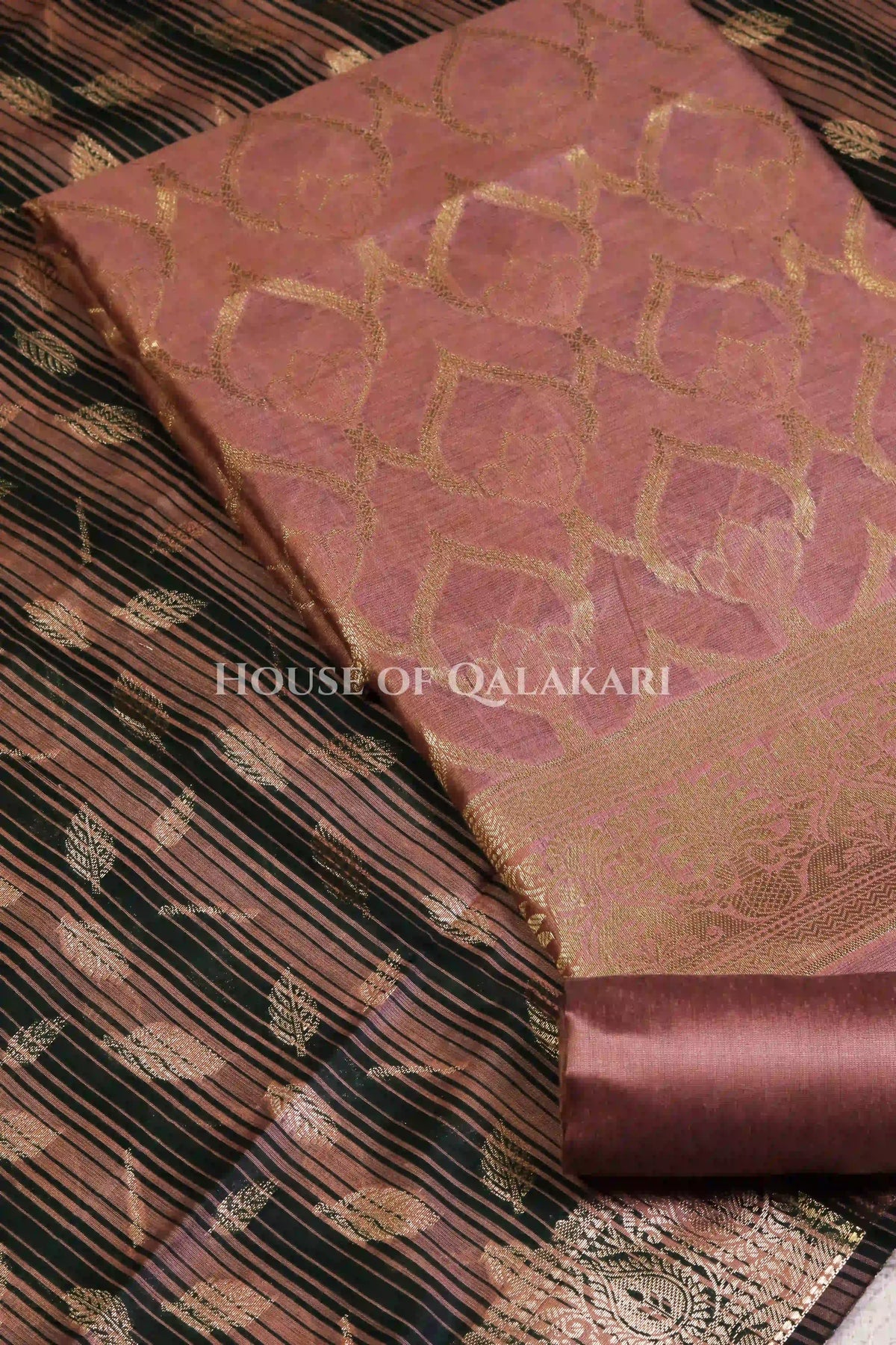 Banarasi Cotton Silk blend Unstitched Dress Material in Copper Rose and with contrast Dark Green-Copper Rose striped dupatta – product