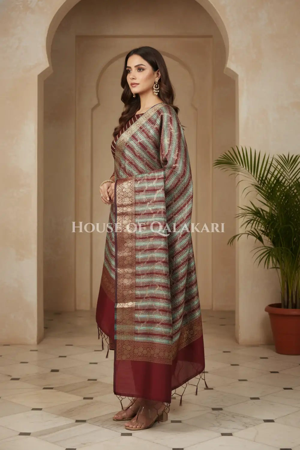 Banarasi Cotton Silk blend Unstitched Dress Material in Maroon Oak and with Bandhani-Leheriya inspired work – side pose