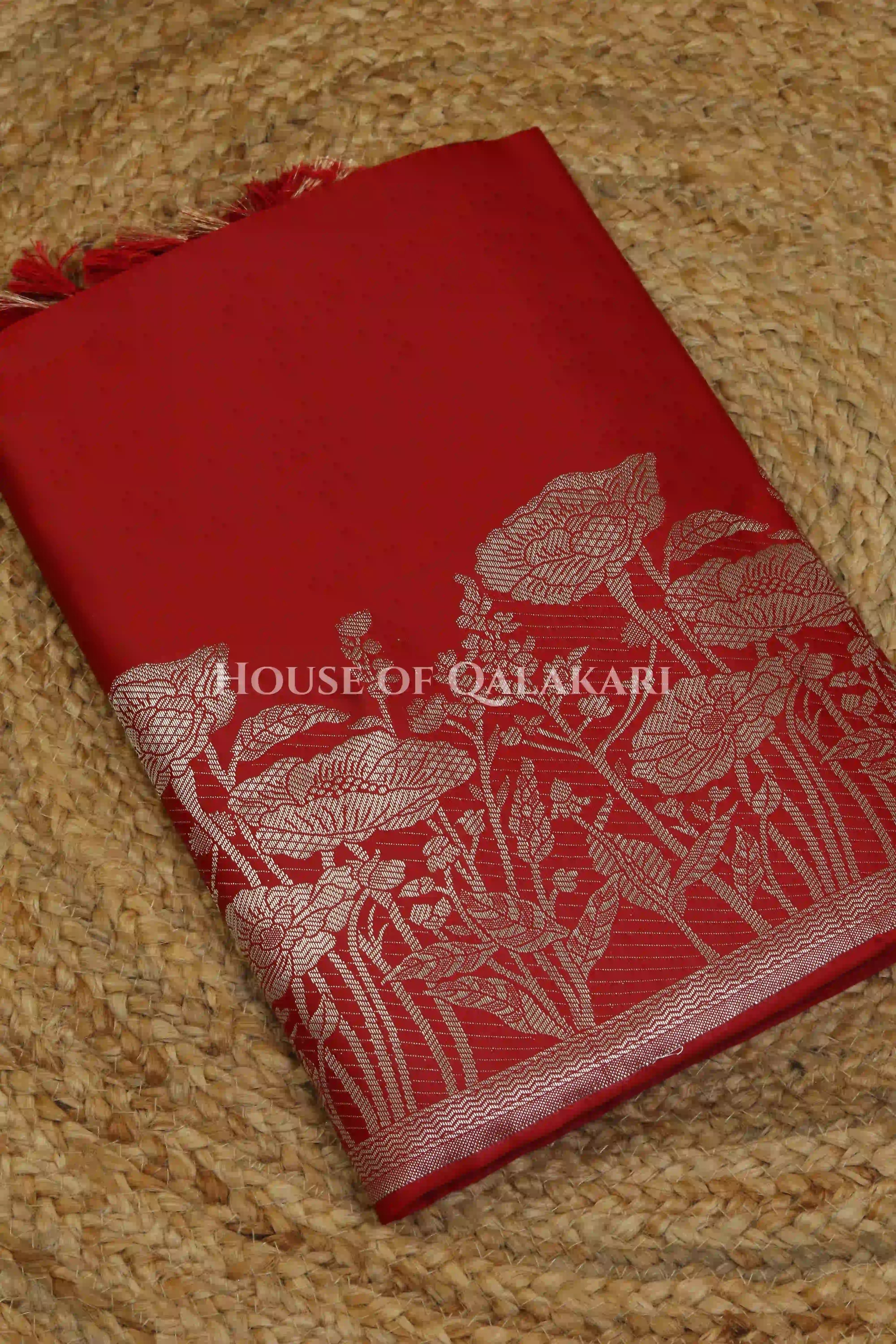 Banarasi silk Unstitched Dress Material in Red and with lotus floral border and diagonal striped zari work dupatta – kurta