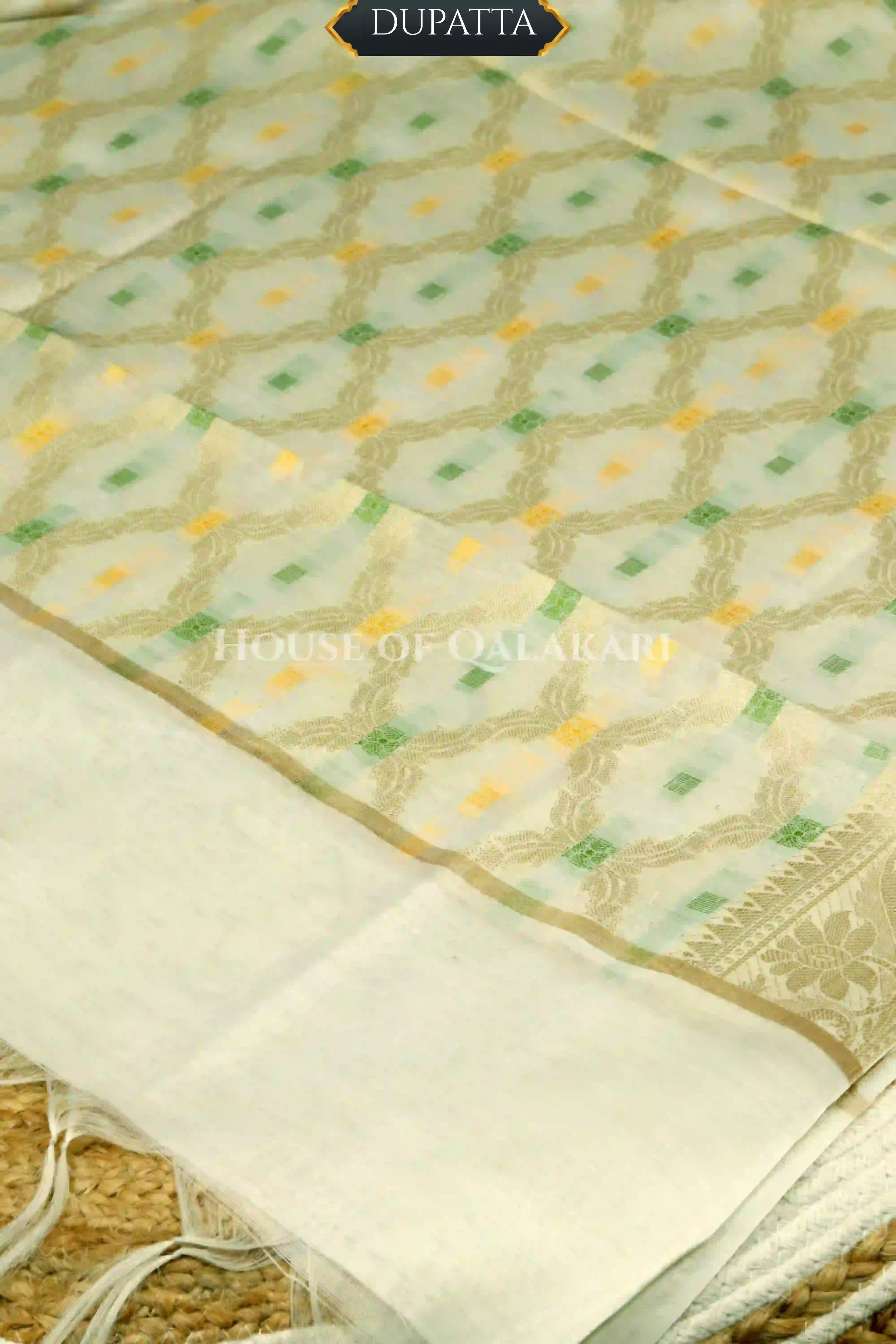 Cream Banarasi Chanderi Cotton Unstitched Dress Material with Zari Work – dupatta