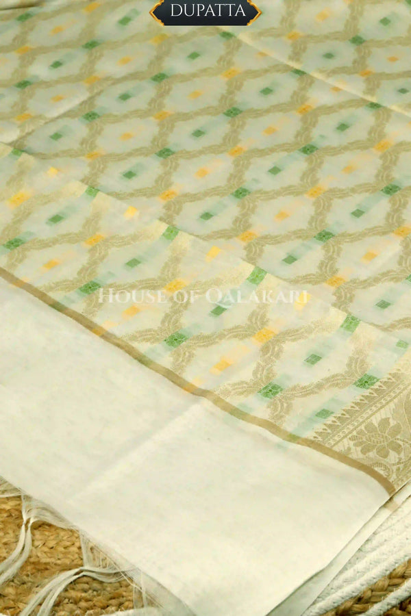 Cream Banarasi Chanderi Cotton Unstitched Dress Material with Zari Work – dupatta