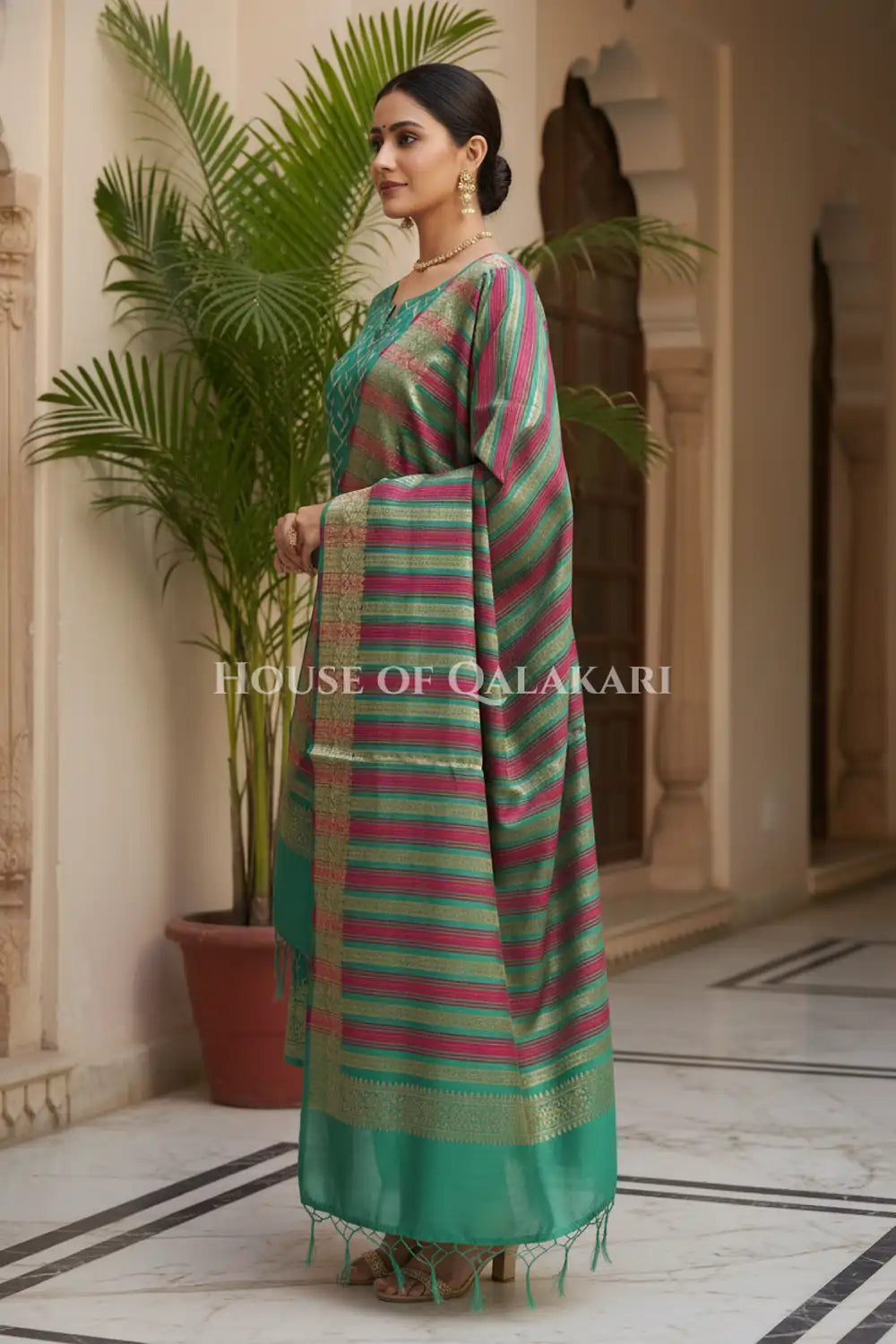 Banarasi Chanderi Cotton Unstitched Dress Material in Sea Green and with matching horizontal zari stripe dupatta – side pose